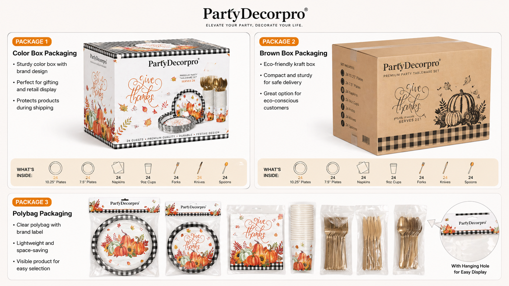Festive disposable tableware packaging solutions including color box kraft box and polybag display for retail ready party tableware set packaging options