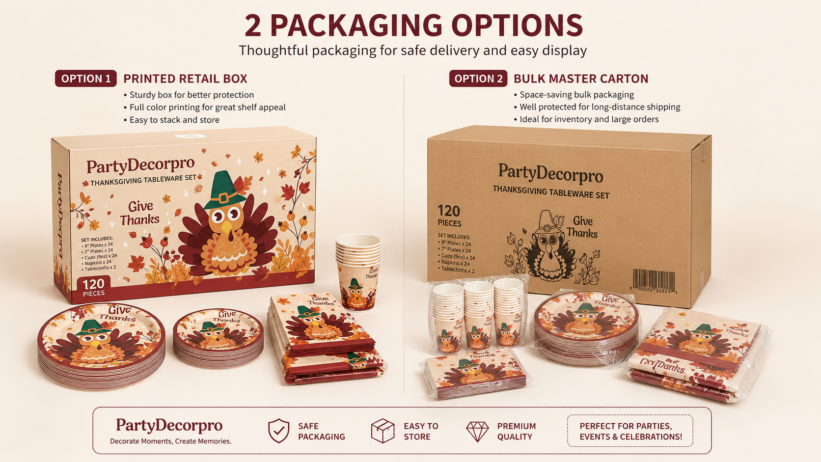 Thanksgiving disposable tableware set packaging retail box and bulk carton packaging options for party supplies