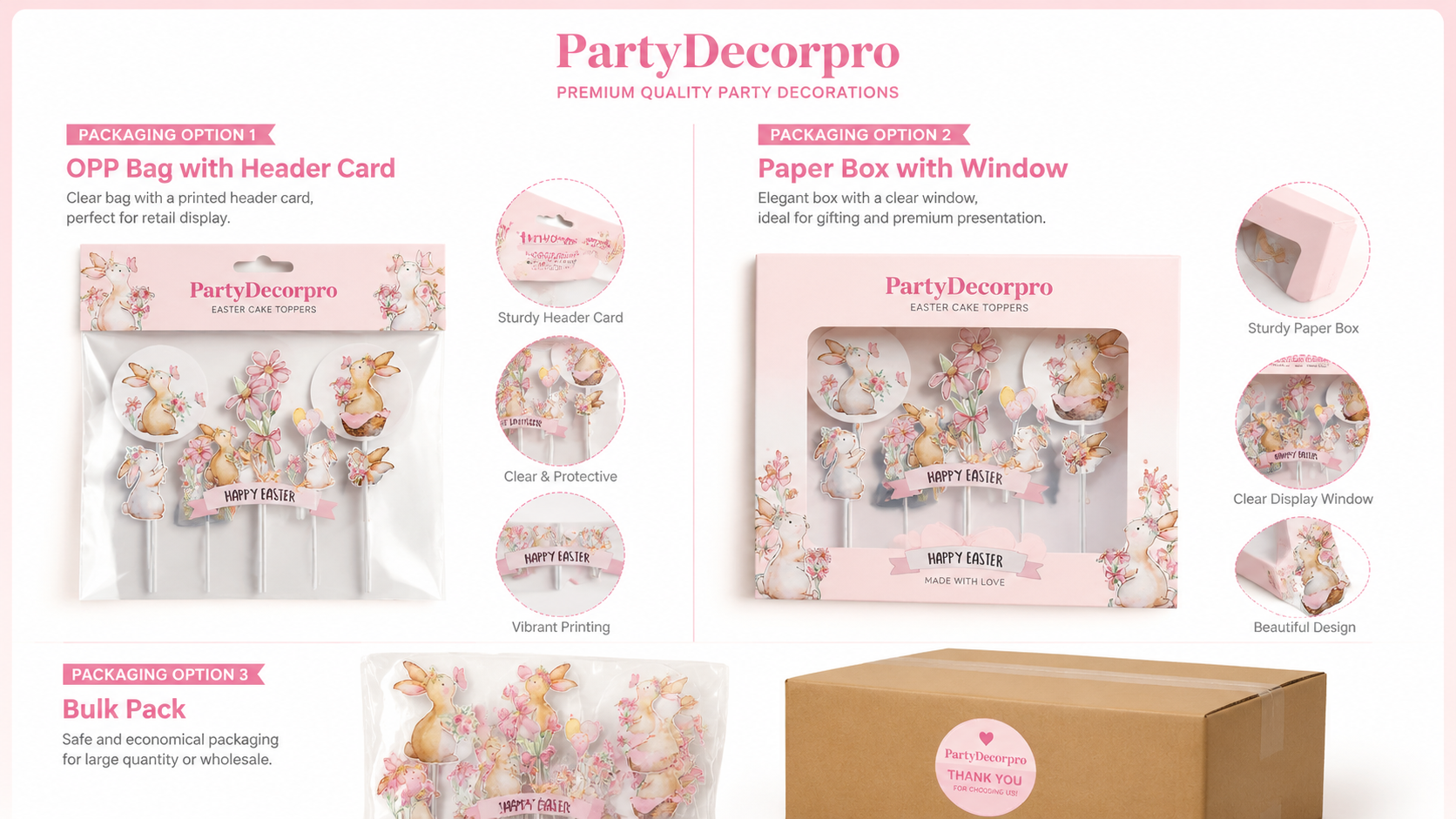 Easter cake toppers with bunny and flower designs in various customizable packaging options.