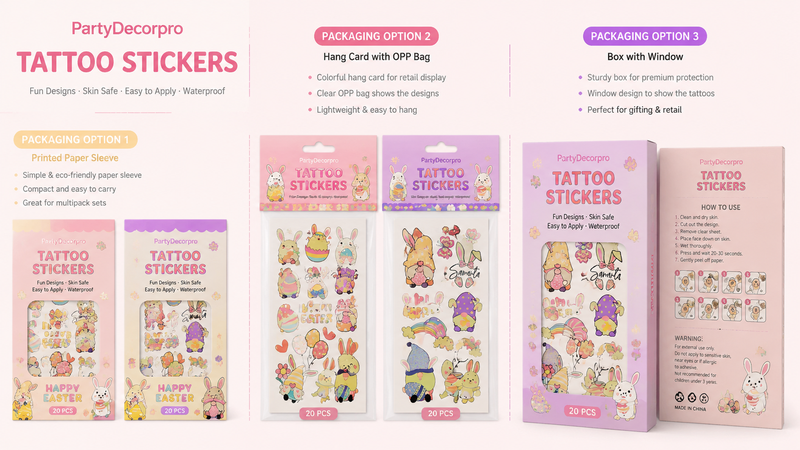 Easter-themed colorful temporary tattoo packaging showcasing different packaging styles and brand design