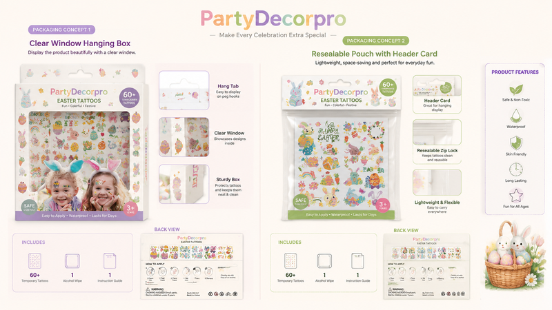 Easter temporary tattoos clear window hanging box packaging showing colorful tattoo sheets and customizable design.