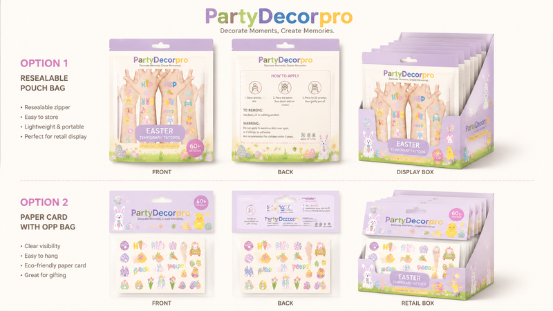 Easter-themed temporary tattoos packaging with playful designs, resealable pouch and card options, ready for custom branding.