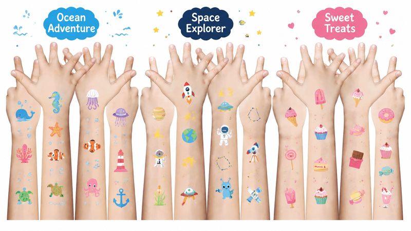 Colorful Easter-themed temporary tattoos on children’s arms including bunnies, eggs, carrots, and spring icons.