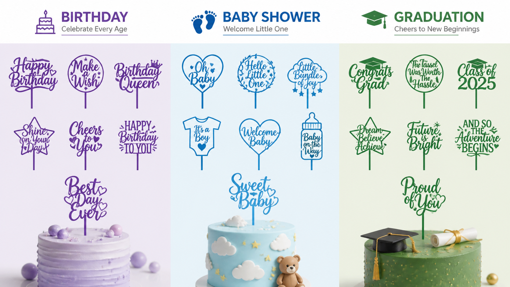 Customizable cake toppers for birthdays, baby showers, and graduations in elegant, creative designs.
