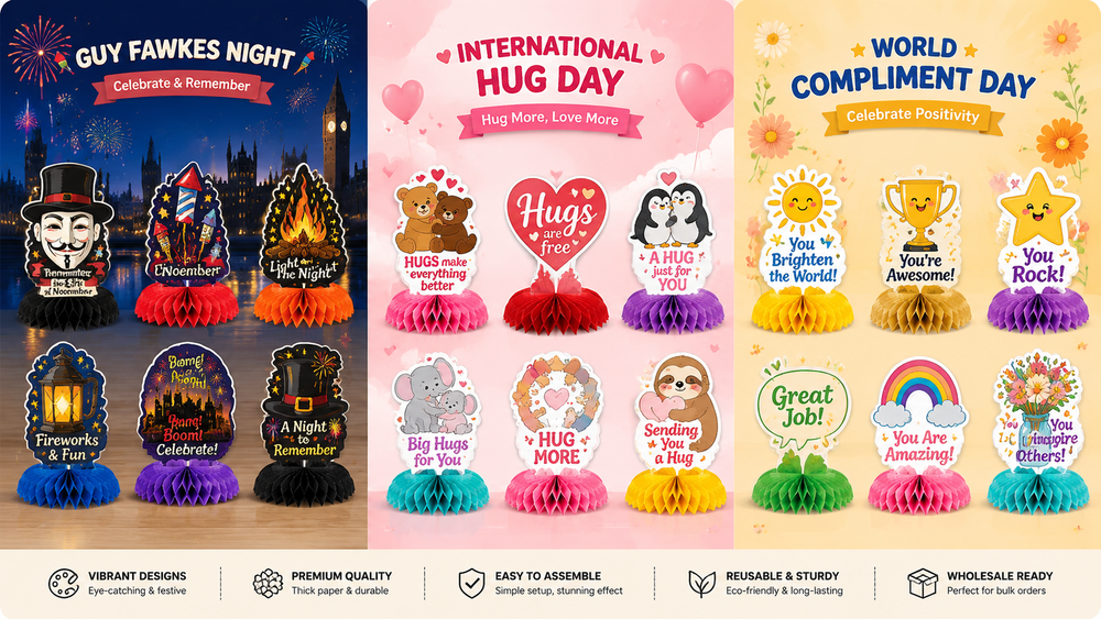 Holiday-themed honeycomb paper centerpieces for Guy Fawkes Night, International Hug Day, and World Compliment Day, colorful and ready for events.