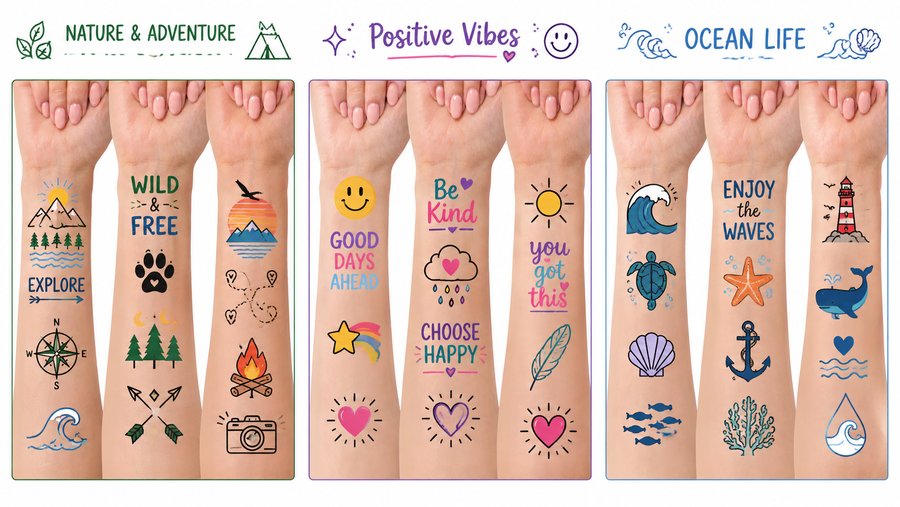 Colorful forearm temporary tattoos with hearts, doodles, and themed typography, ready for customization.