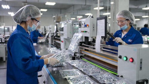 Our factory workers are efficiently packaging on the production line, neatly folding the silver fringe curtains into transparent bags, then using automatic sealing and labeling equipment for clean, attractive delivery.