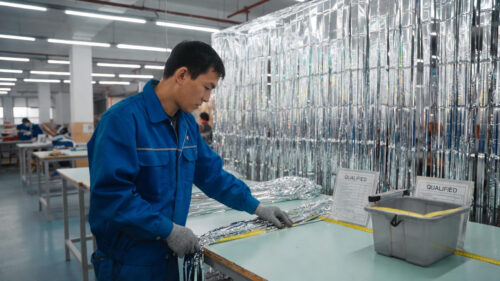 Our factory workers are meticulously inspecting the finished silver fringe curtains, wearing gloves to gently unfold them, measuring dimensions with a ruler, and checking uniformity and edge integrity to meet quality standards.
