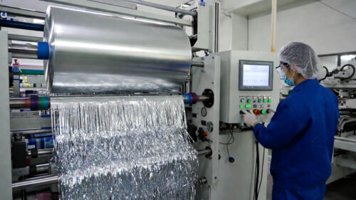 Our factory workers are attentively operating the precision slitting machine, monitoring the automatic feeding and cutting of the tin foil roll via the control panel to ensure every fringe strip is uniform in width and smooth at the edges.