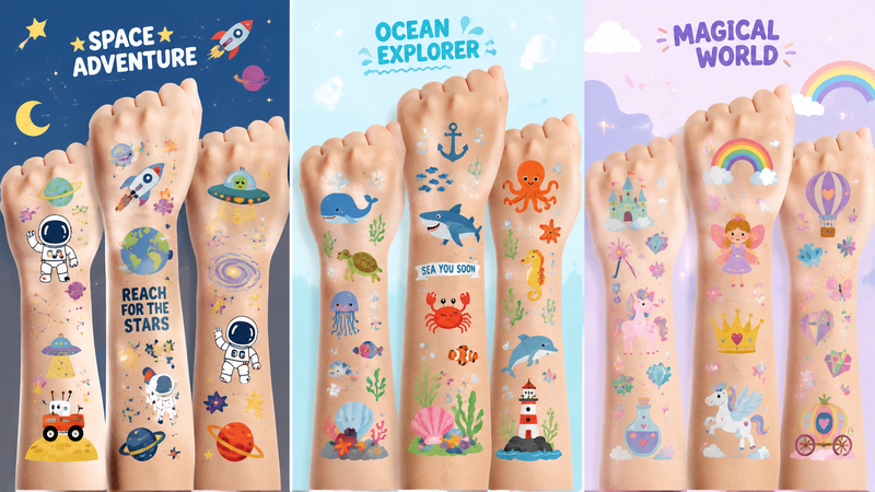 Customizable hand stickers in space, ocean, and magical themes, colorful and playful designs for parties.