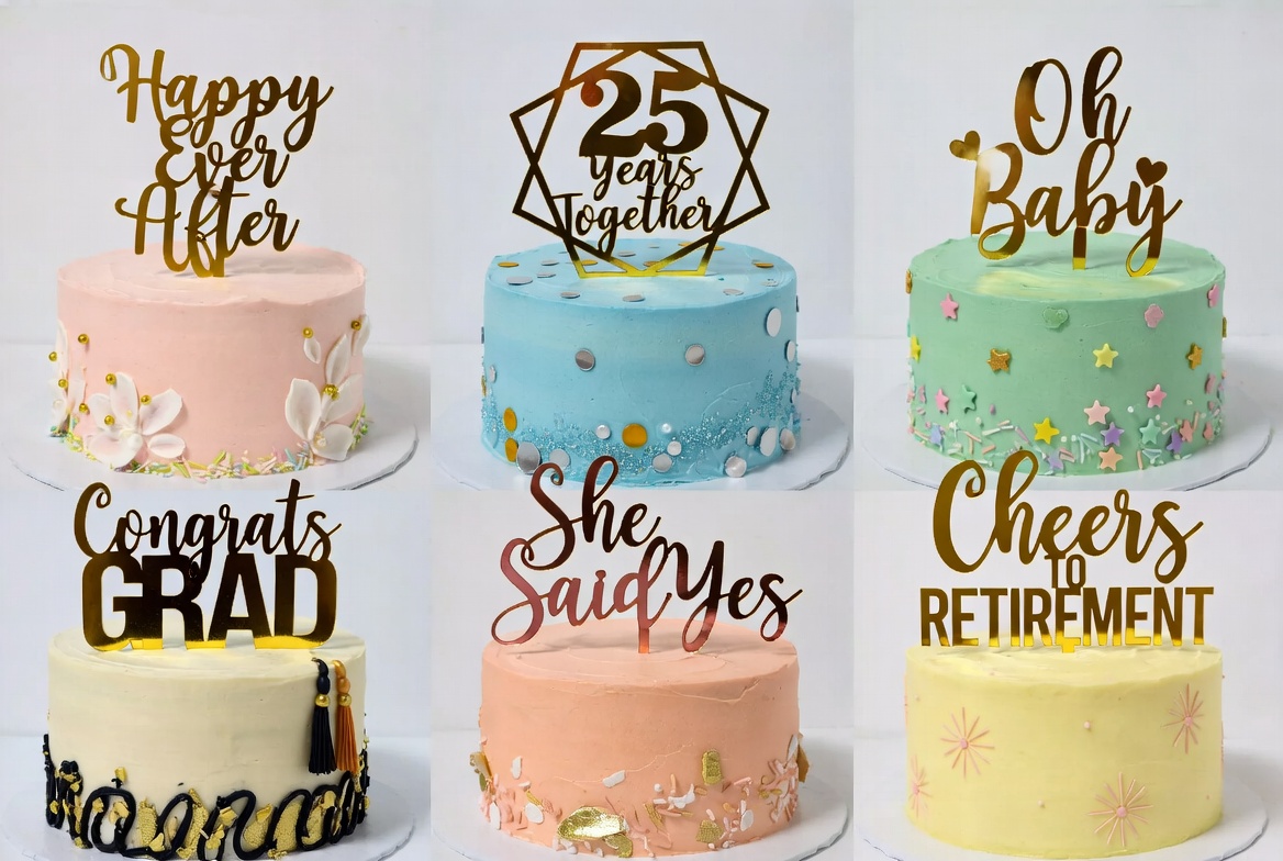 Elegant gold cake toppers on colorful celebration cakes for various occasions including wedding, anniversary, baby shower, graduation, engagement and retirement