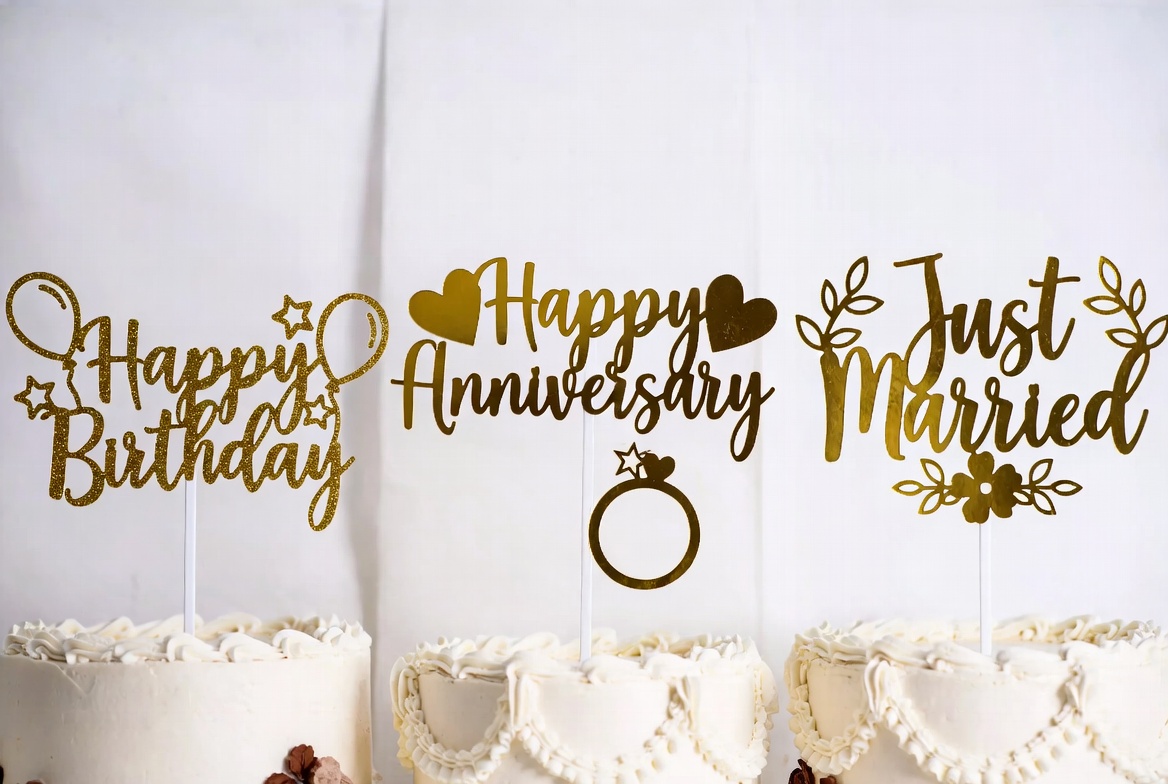 Gold glitter cake toppers for birthday anniversary and wedding on white cakes product showcase