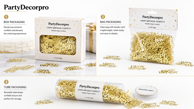 Gold Happy Birthday confetti displayed in multiple retail packaging concepts including gift box, hanging bag and clear tube solutions for custom private label packaging presentation.