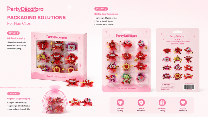 Hair clip packaging display showing gift box, blister card, and organza bag options with colorful clips arranged neatly.