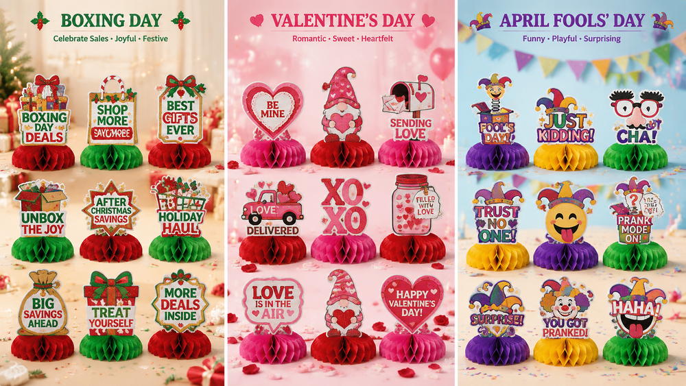 Holiday themed honeycomb centerpiece sets for Christmas, Valentine's Day, and April Fool's party decorations