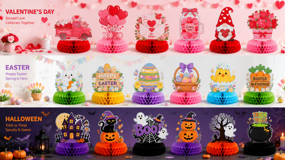 Holiday-themed honeycomb paper decorations for Valentine’s, Easter, and Halloween, featuring varied shapes and festive designs.