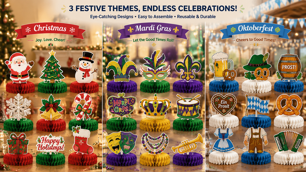 Customizable holiday honeycomb table centerpieces for Christmas, Mardi Gras, and Oktoberfest with colorful themed designs.