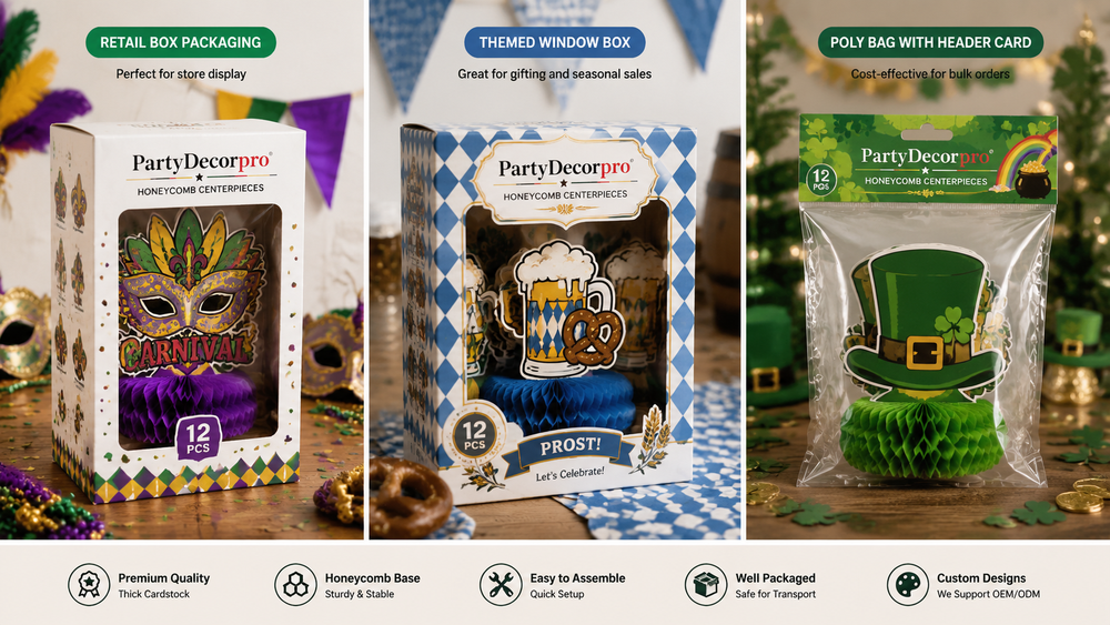Mardi Gras, Oktoberfest, and St. Patrick’s Day themed honeycomb centerpiece packaging for wholesale.