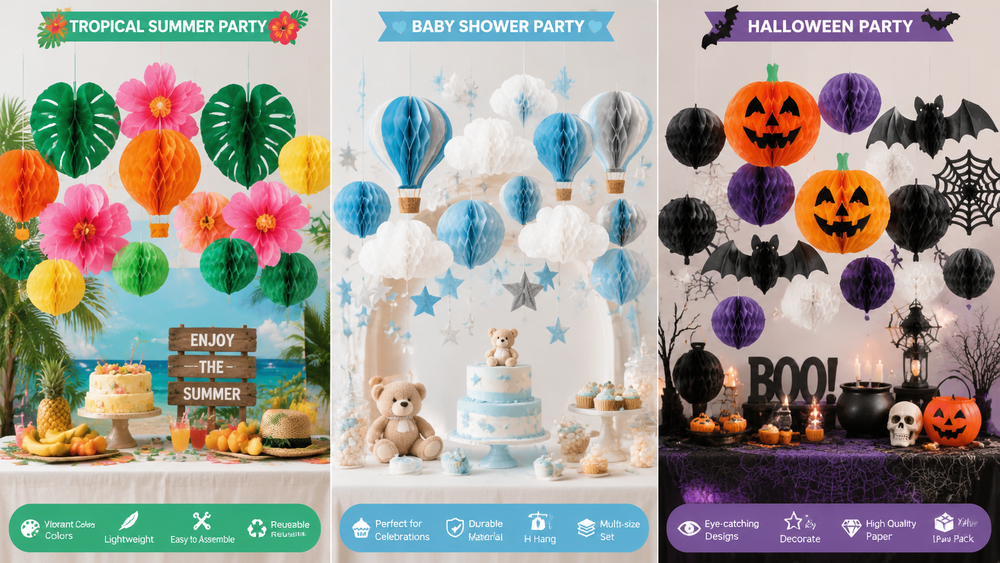 Colorful honeycomb paper decorations for various holiday and party themes, lightweight, reusable, and easy to assemble.