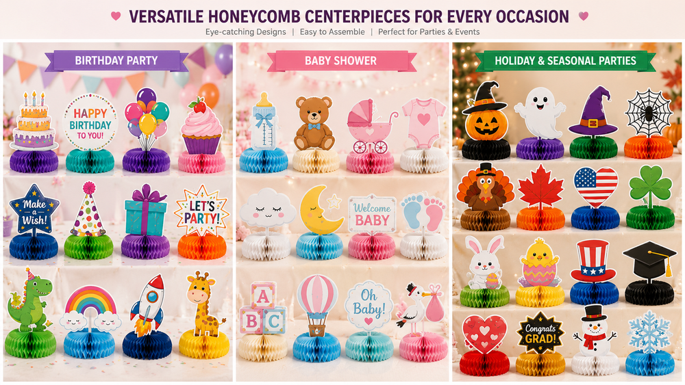 Versatile honeycomb paper decorations in various holiday and party themes, perfect for B2B events and celebrations.