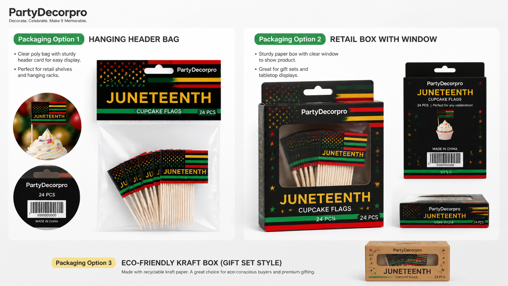 Juneteenth cupcake flags in multiple packaging options including clear bag, gift box, and eco-friendly kraft box.