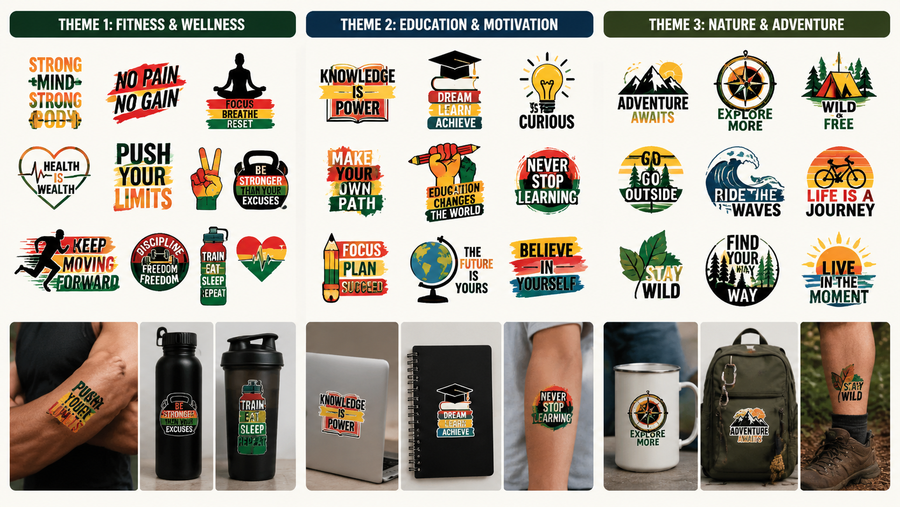 Juneteenth-themed stickers and temporary tattoo designs featuring fists, hearts, African continent motifs, and empowerment messages in red, green, yellow, and black colors.