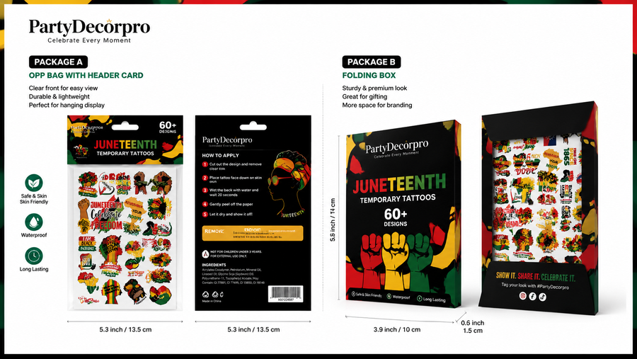 Juneteenth temporary tattoos packaging, showing OPP bag with header card and premium folding box, customizable options.