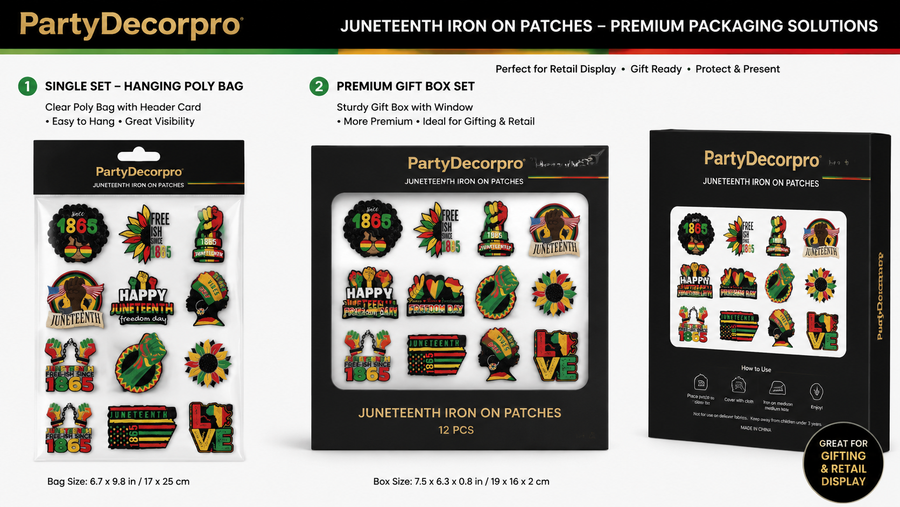 Juneteenth temporary tattoos packaging options in poly bag and gift box, customizable and vibrant.