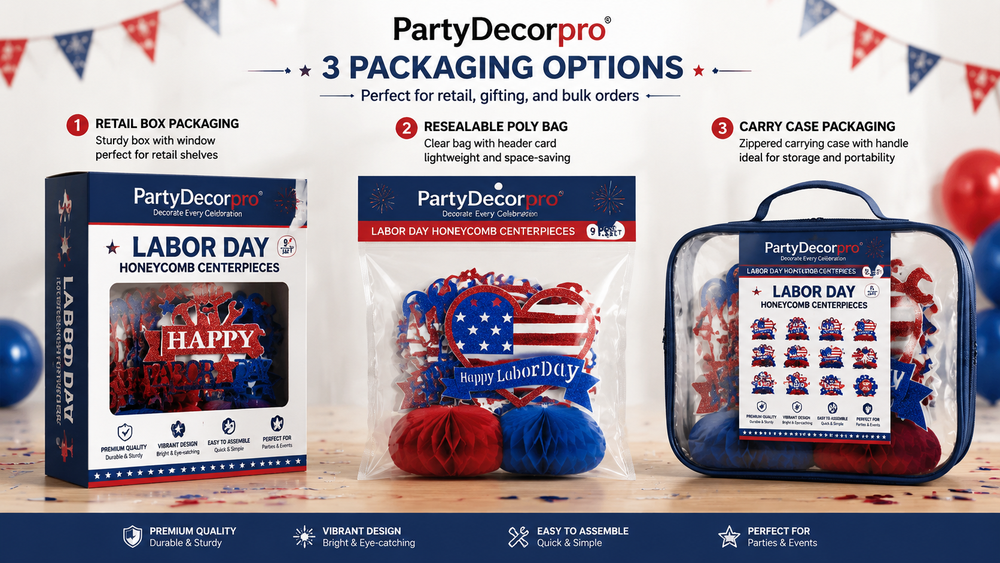 Labor Day honeycomb centerpiece set with red and blue glitter patriotic designs in various packaging options.