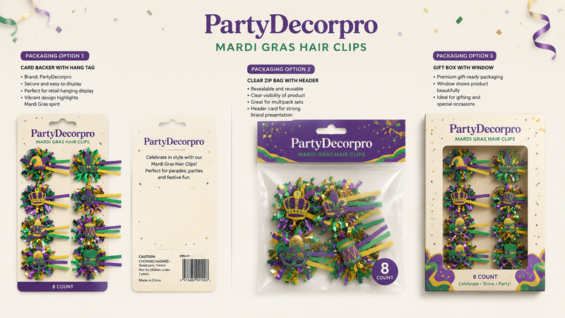 Mardi Gras hair clip packaging options showing card backer, clear zip bag, and gift box with festive designs.
