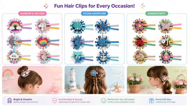 Colorful Mardi Gras-themed hair clips with glittery decorations including masks, crowns, and drums.