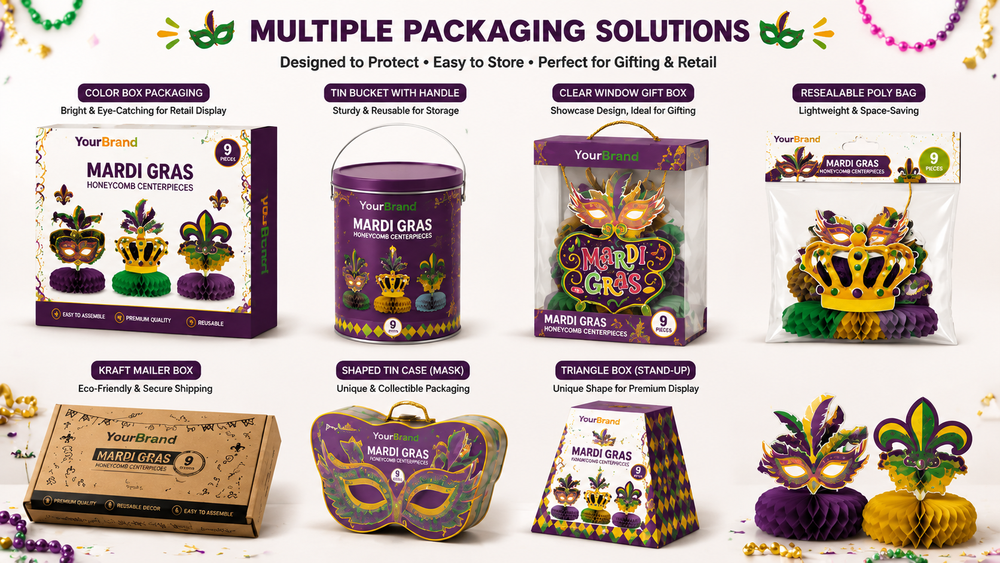 Mardi Gras honeycomb table decorations in various packaging options with vibrant designs for retail and parties