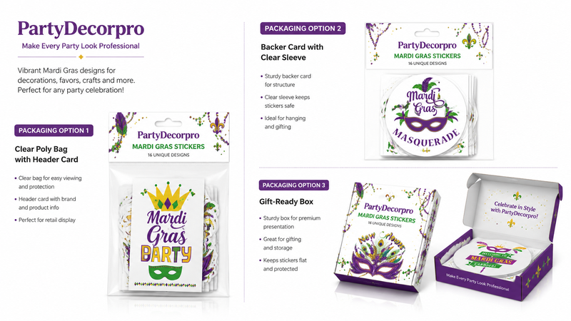 Mardi Gras sticker packaging mockup with clear bag, backer card, and gift box options in purple, green, and gold colors.