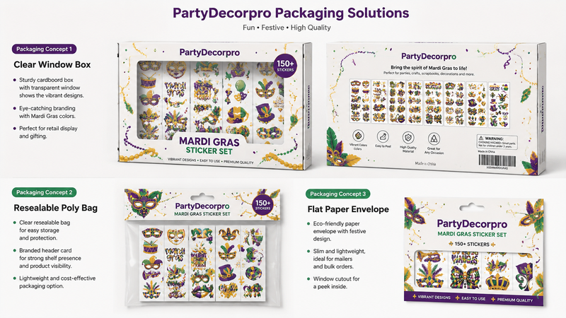 Mardi Gras sticker set in a clear window box with colorful festive designs, customizable packaging options for branding.