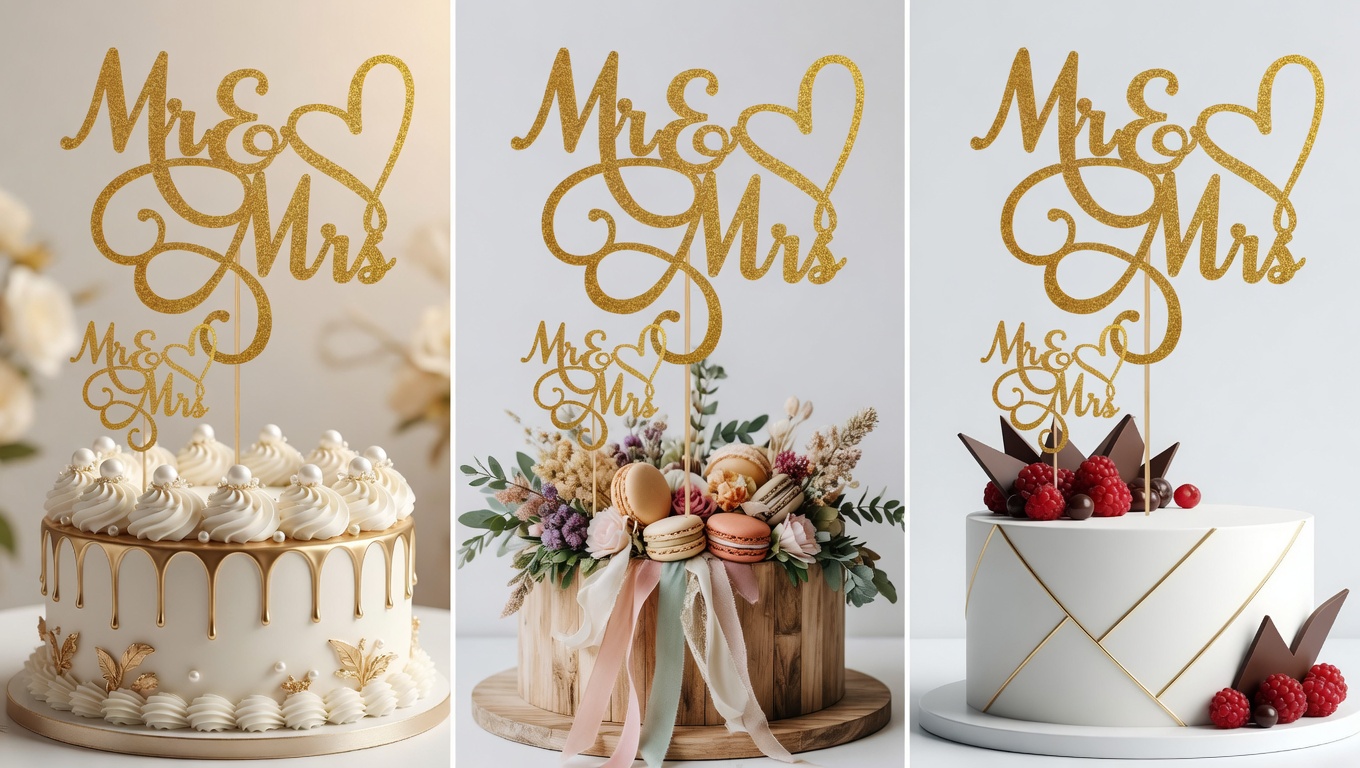 Three themed variations of gold glitter Mr & Mrs wedding cake topper displayed in elegant, rustic boho, and modern minimalist cake designs on white background