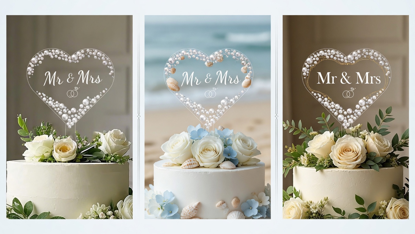 Elegant heart-shaped acrylic wedding cake topper with faux pearls and rhinestones in three themes - classic white, beach, and rustic garden - 16:9 product collage