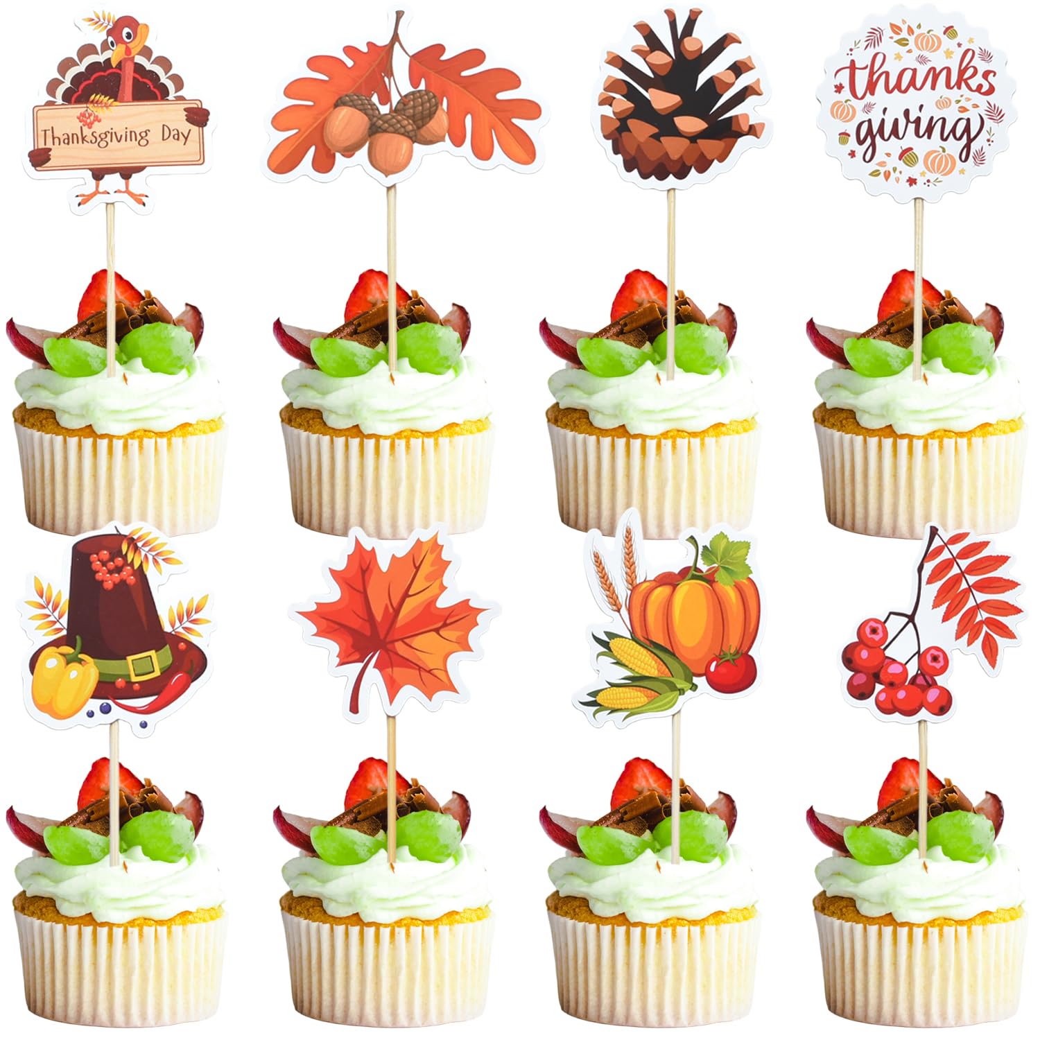Custom Cupcake Toppers - Thanksgiving Glitter Pumpkin Turkey Picks