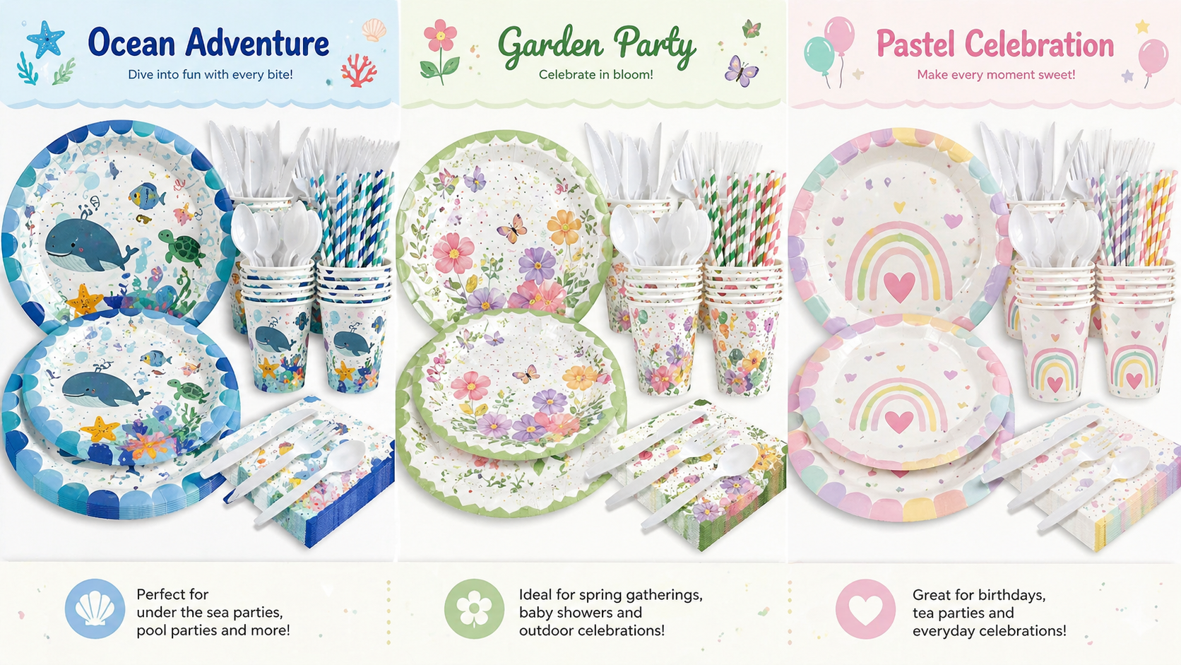 Ocean garden and pastel theme disposable party tableware set with plates cups straws napkins and plastic cutlery
