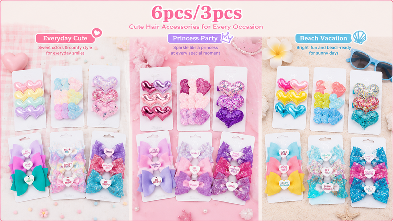 16:9 product showcase featuring multi-theme children's hair accessories including pastel heart clips and glitter bow hair clips in Everyday Cute, Princess Party and Beach Vacation styles.