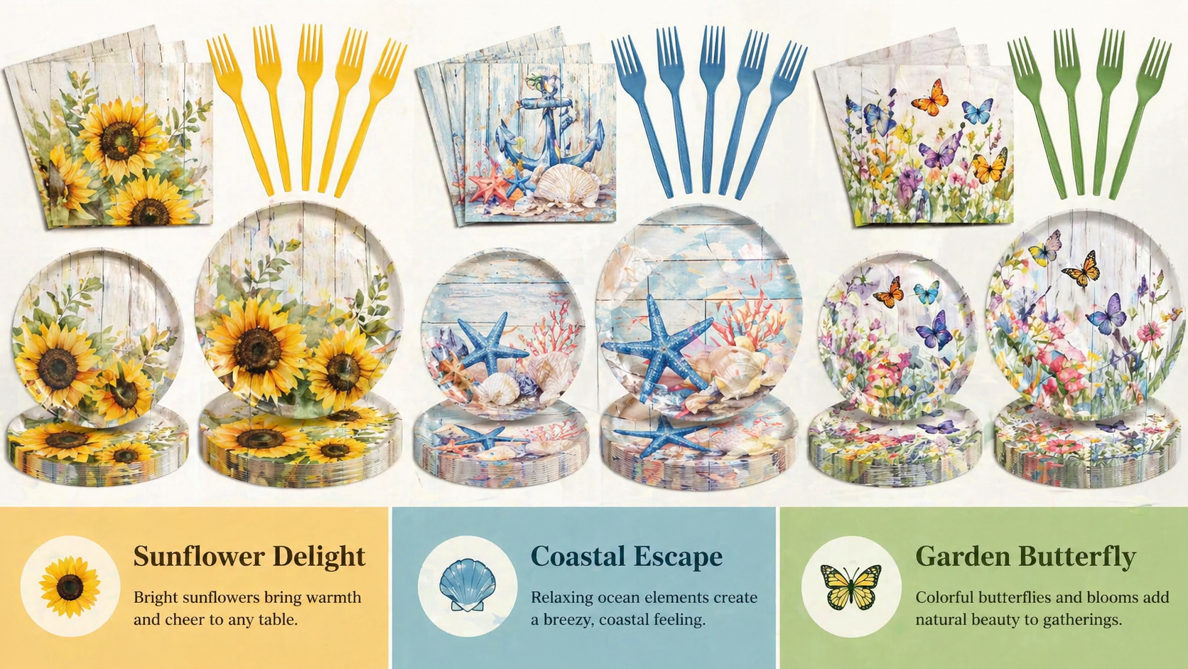 Multi-theme party tableware set with decorative paper plates, napkins, and colored plastic forks featuring sunflower, coastal, and butterfly garden designs for event decoration