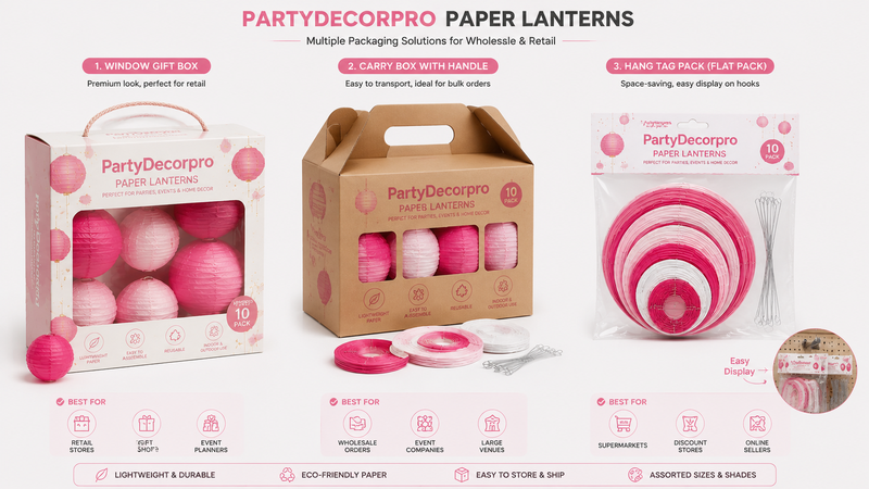 Retail, cylinder, and poly bag packaging options for hanging paper lanterns, showcasing