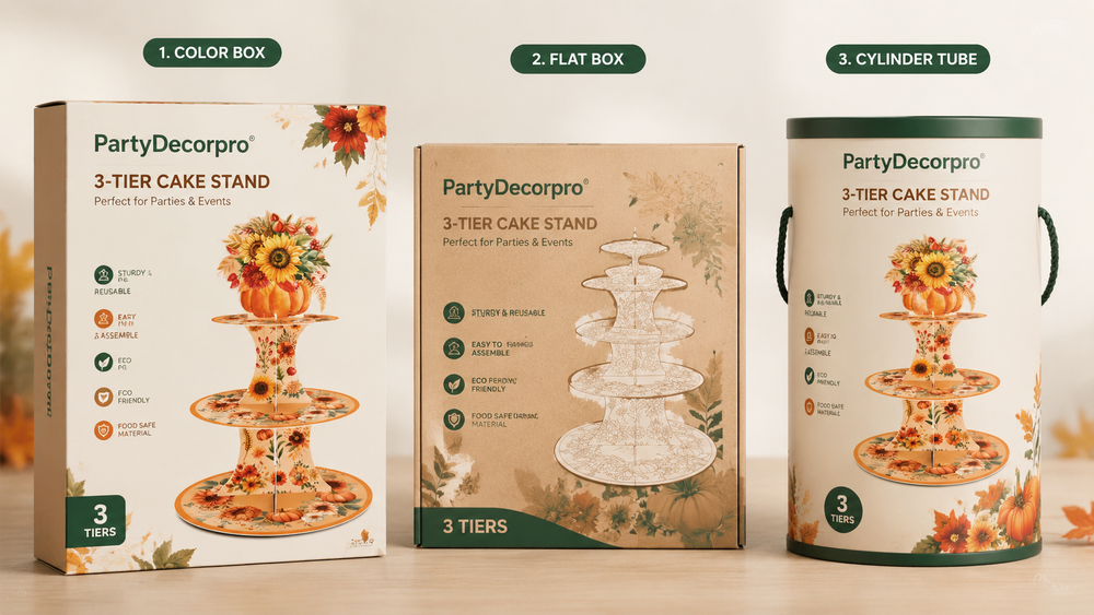 PartyDecorPro multi-style packaging display including tin box, round box, and clear 3D box for wholesale and retail