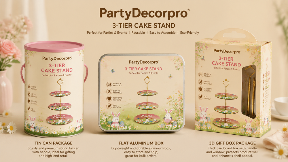 PartyDecorpro 3-tier dessert stand packaging variations: tin can, flat aluminum box, 3D gift box in a bright studio setting