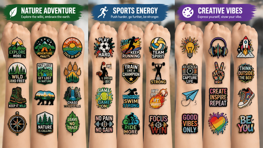 Customizable embroidered arm patches in various themes with vibrant colors and detailed designs.