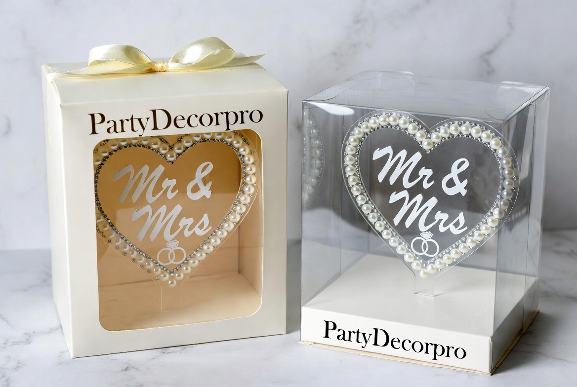 Elegant white gift box and clear display packaging for Mr and Mrs heart cake topper custom options