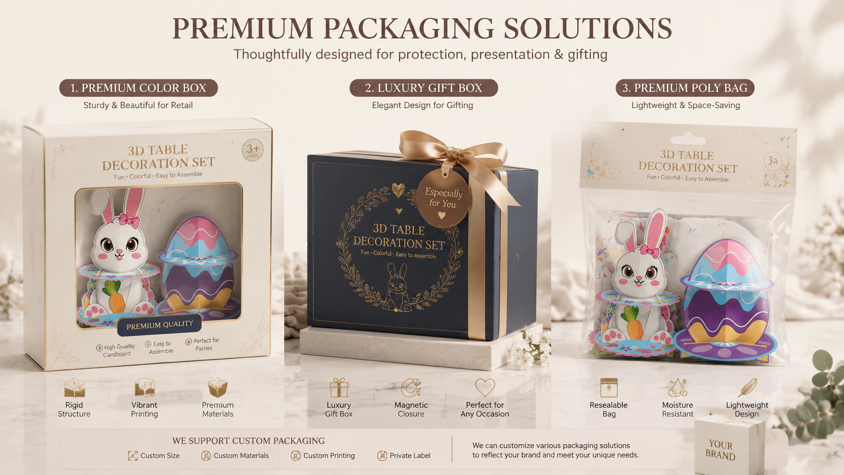 High-end 3D party packaging with elegant, durable, and fully customizable designs.
