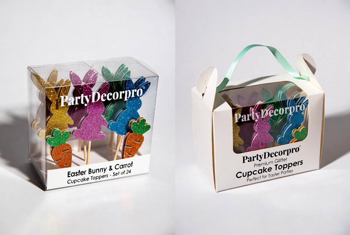 Two premium packaging designs for glitter Easter bunny and carrot cupcake toppers - clear display box and white gift box