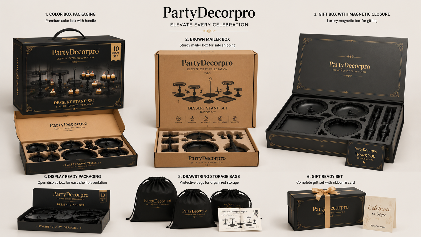 Variety of high-end customizable packaging options for dessert and cake stand sets, showcasing elegance and versatility.