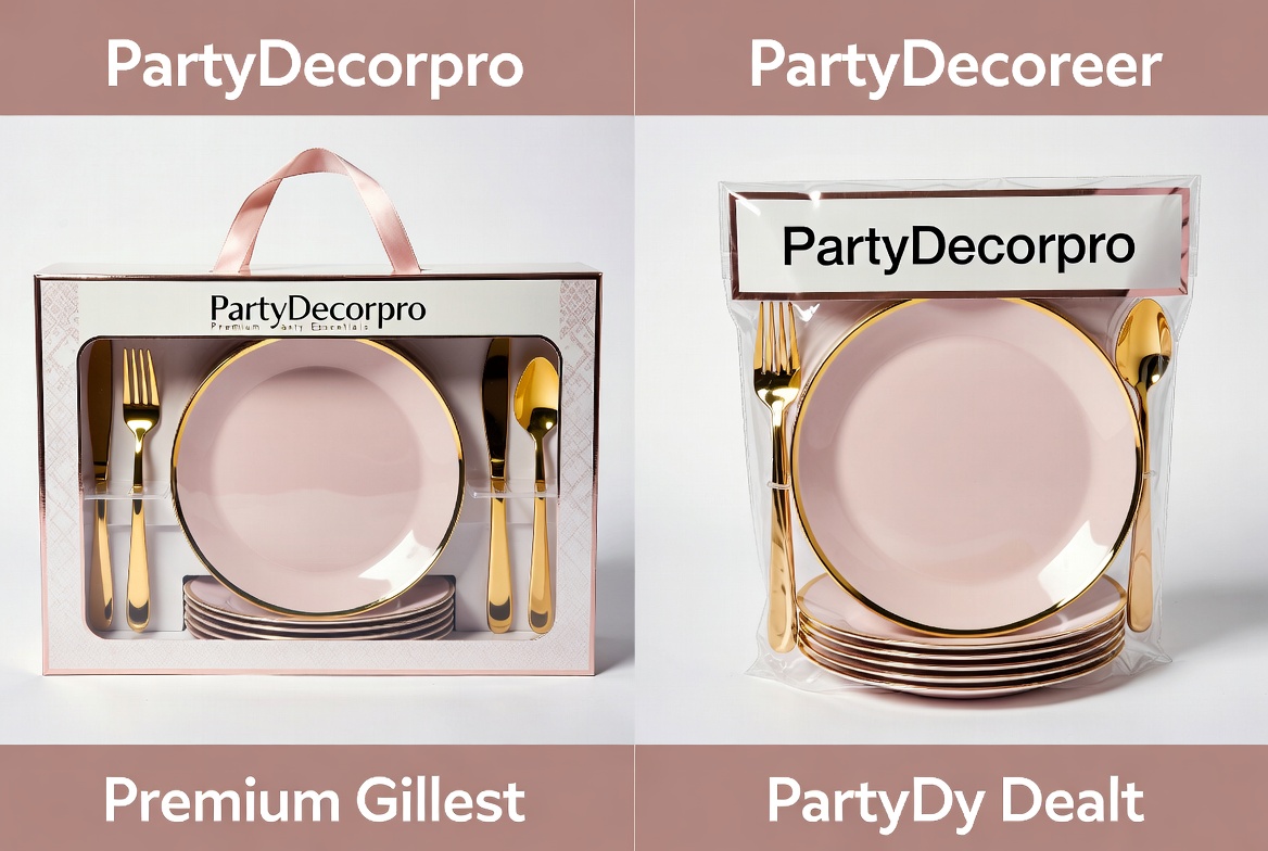 Two elegant packaging options for pink and gold party tableware set - premium gift box and modern clear retail sleeve