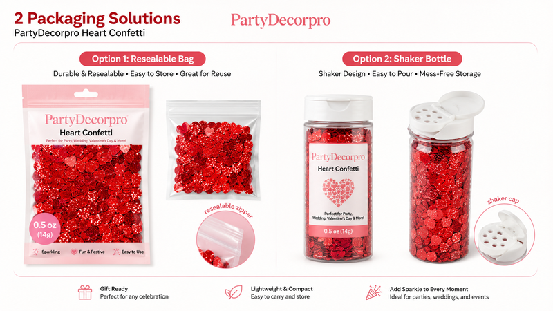 Comparison of resealable pouch and shaker bottle packaging solutions for red glitter heart confetti with customizable retail branding and packaging options